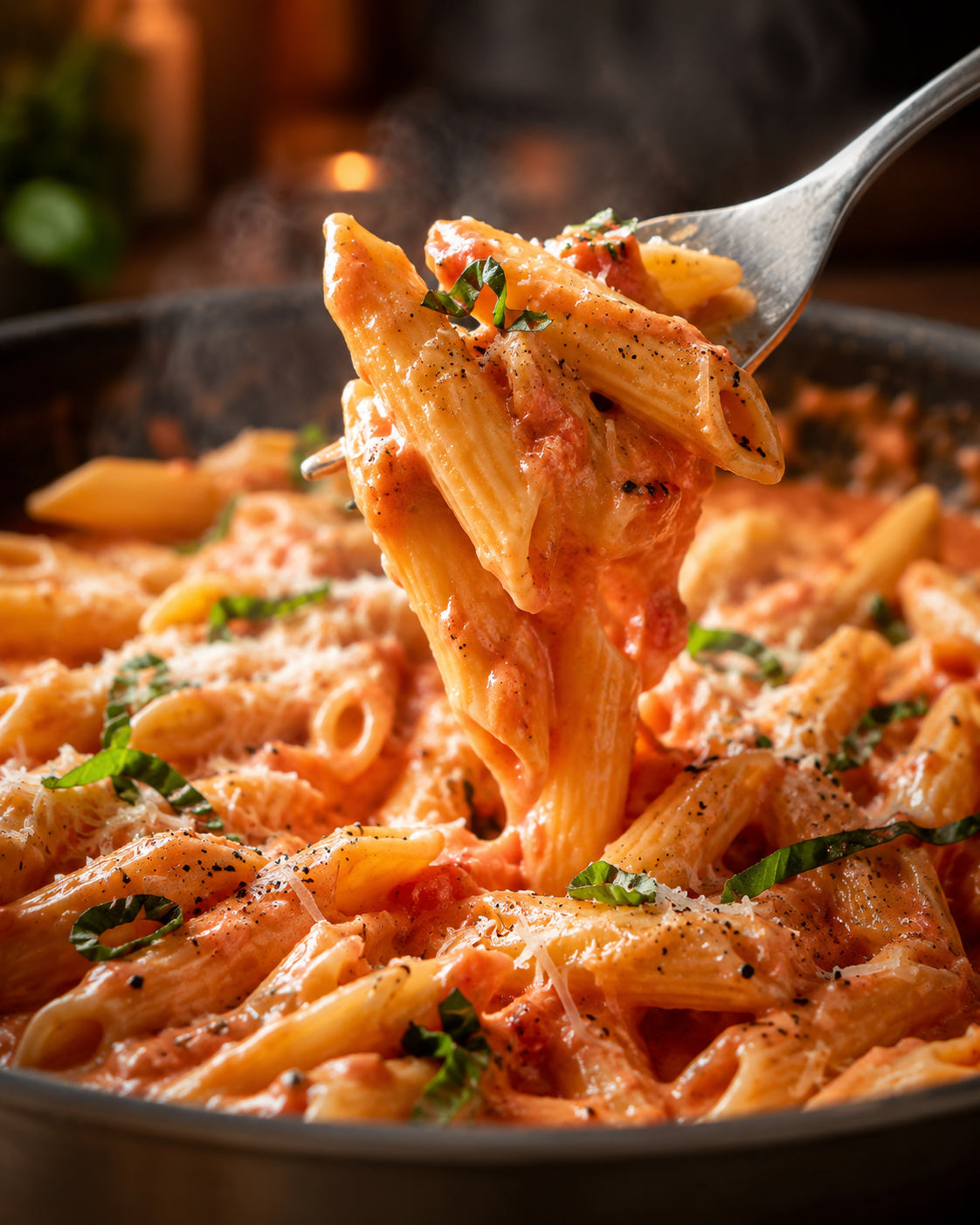 Fork lifting easy penne alla vodka with creamy tomato sauce, Parmesan, basil, and black pepper from a skillet.
