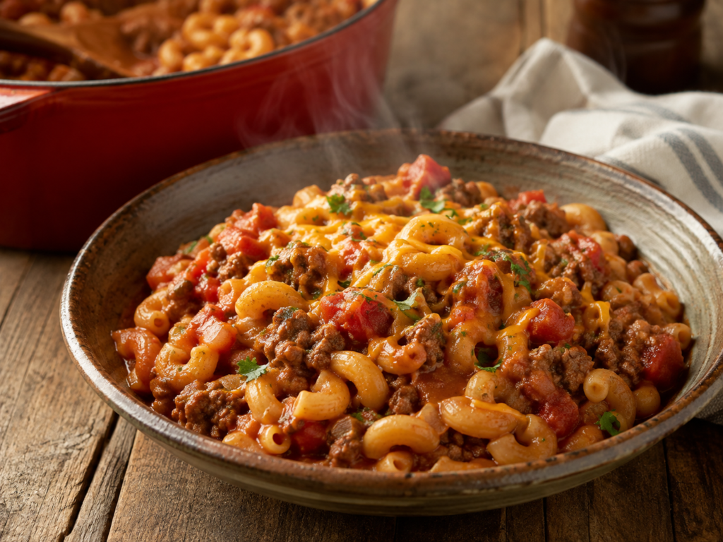 One-Pot American Goulash with ground beef, elbow macaroni, tomatoes, and melted cheese