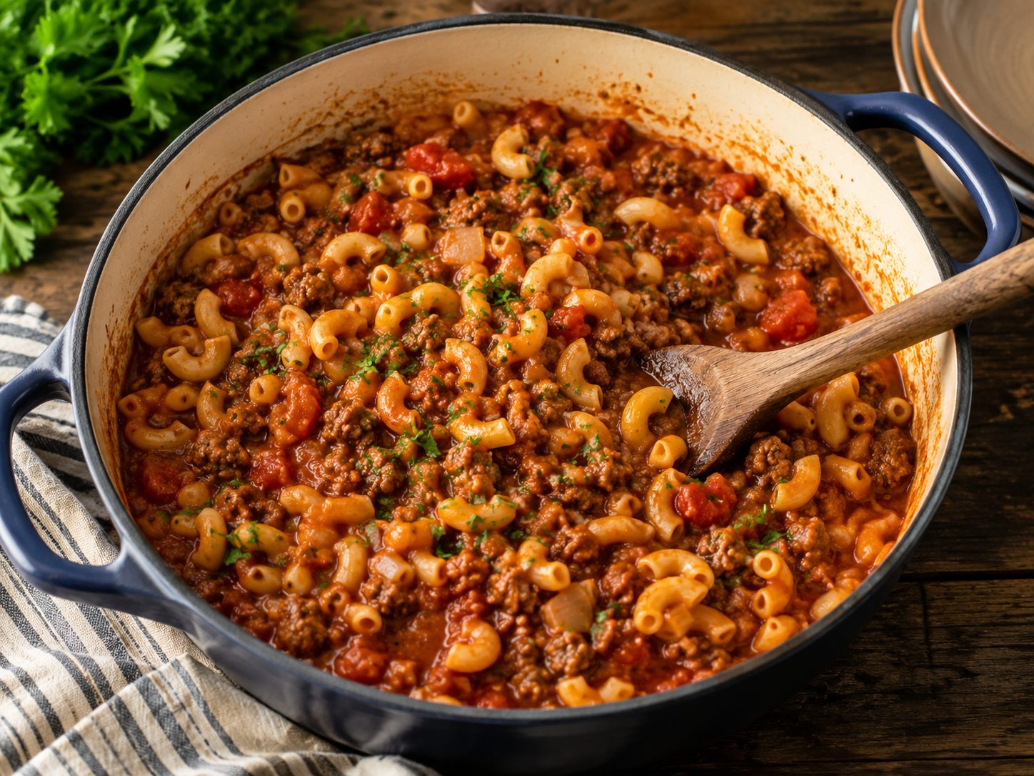 Homemade American goulash with ground beef and elbow macaroni cooking in one pot