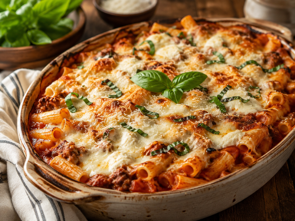 Classic baked ziti with tomato meat sauce, ricotta, melted mozzarella, Parmesan, and fresh basil in a rustic baking dish