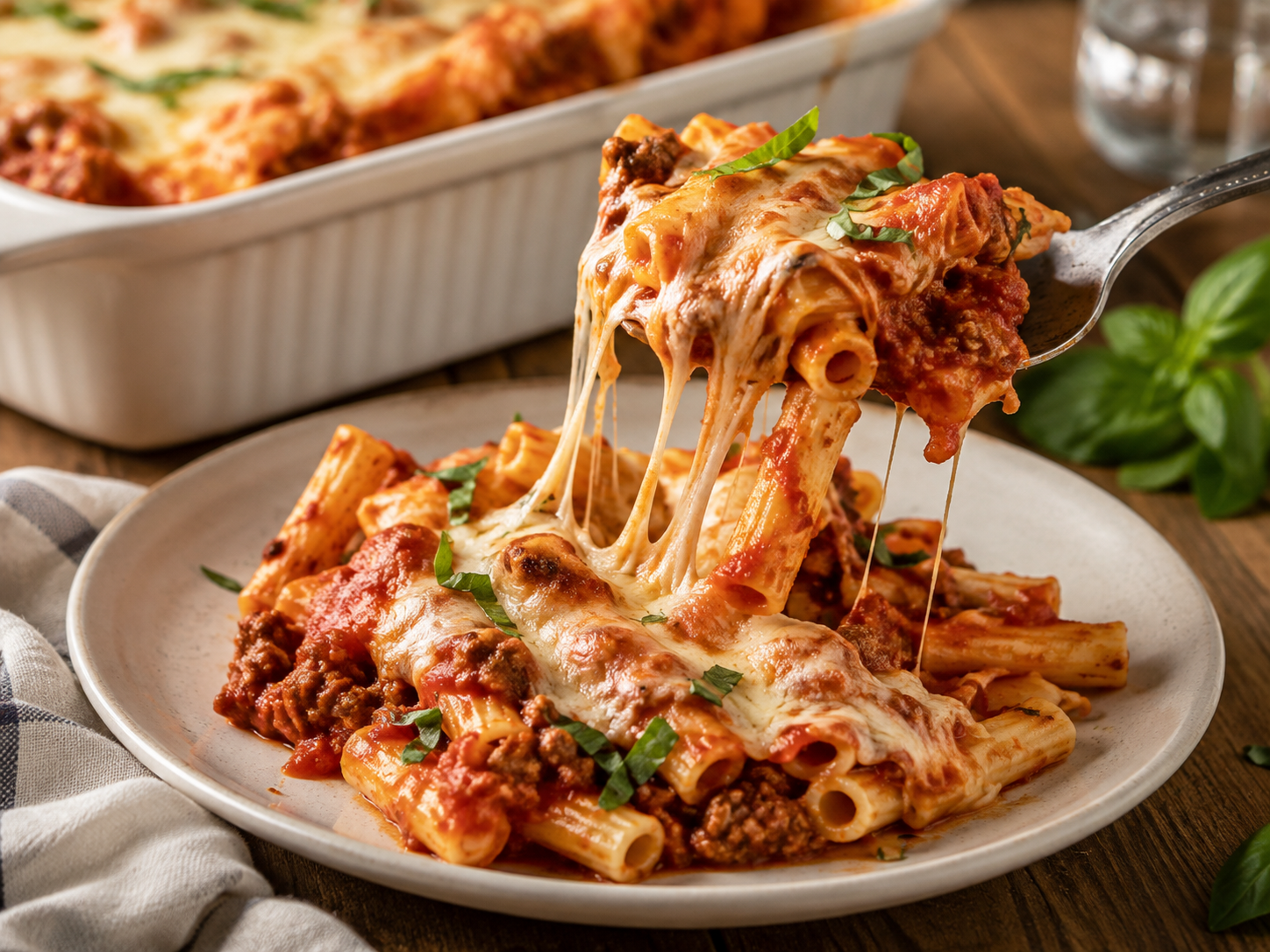 Serving of classic baked ziti with meat sauce and stretchy melted mozzarella cheese being lifted onto a plate