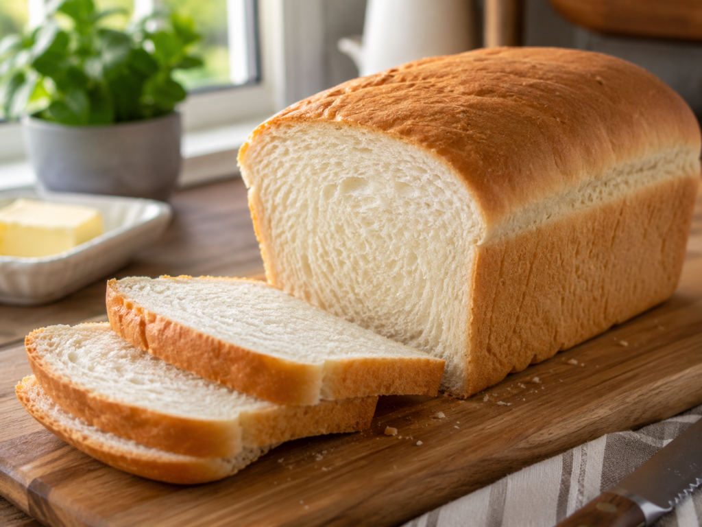 Slices of homemade white sandwich bread with melting butter and a golden bread loaf.