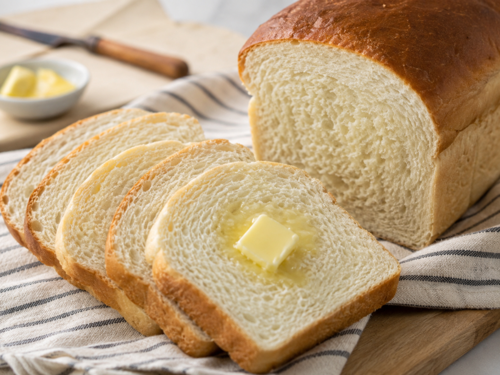 Homemade white sandwich bread loaf with sliced bread on a cooling rack beside butter.