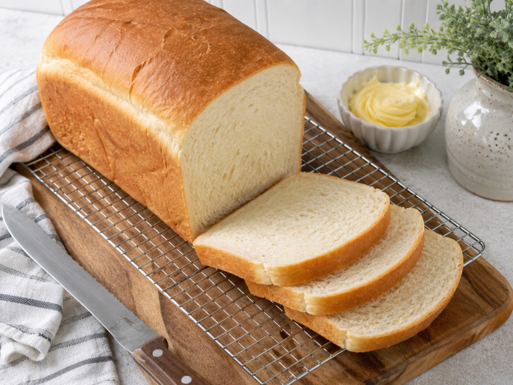 Fresh homemade white sandwich bread loaf sliced on a wooden cutting board.