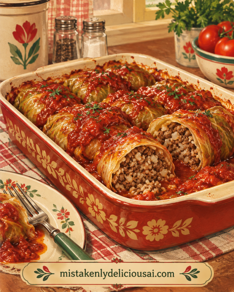 Retro-style image of stuffed cabbage rolls baked in tomato sauce in a vintage floral casserole dish, with one roll cut open to show the beef and rice filling.