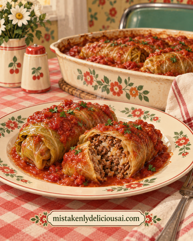 Retro-style plate of stuffed cabbage rolls topped with tomato sauce, with one cabbage roll cut open and a vintage casserole dish in the background.