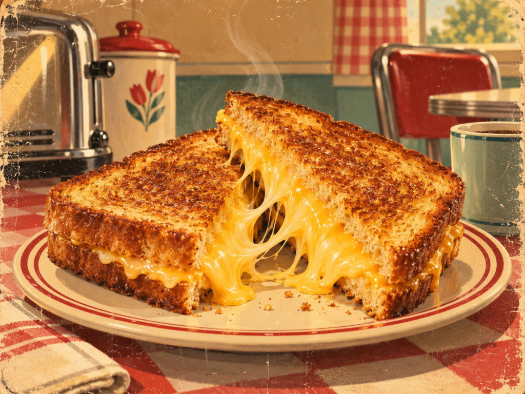 Golden brown grilled cheese sandwich with gooey melted cheese stretching between the slices, served on a plate in a retro kitchen with a toaster, mug, and vintage diner decor.