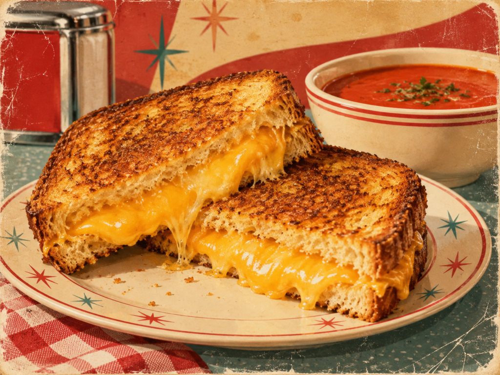 Retro-style grilled cheese sandwich with melted cheese on a plate beside a bowl of tomato soup, styled like a vintage diner meal.