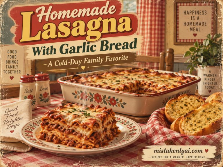 Homemade lasagna with melted cheese, rich meat sauce, and garlic bread on a retro kitchen table with mistakenlyai.com branding.
