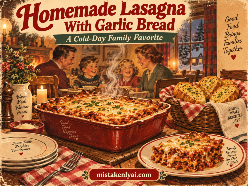 Steaming homemade lasagna and garlic bread served at a cozy retro family dinner with mistakenlyai.com branding.