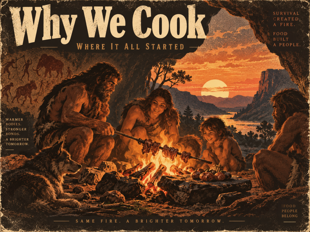 Early humans cooking food over a fire, illustrating how cooking may have begun with survival, warmth, and community.