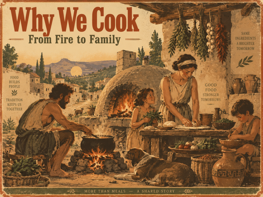 Ancient family preparing food together around a fire and clay oven, showing how cooking evolved into tradition and family life.