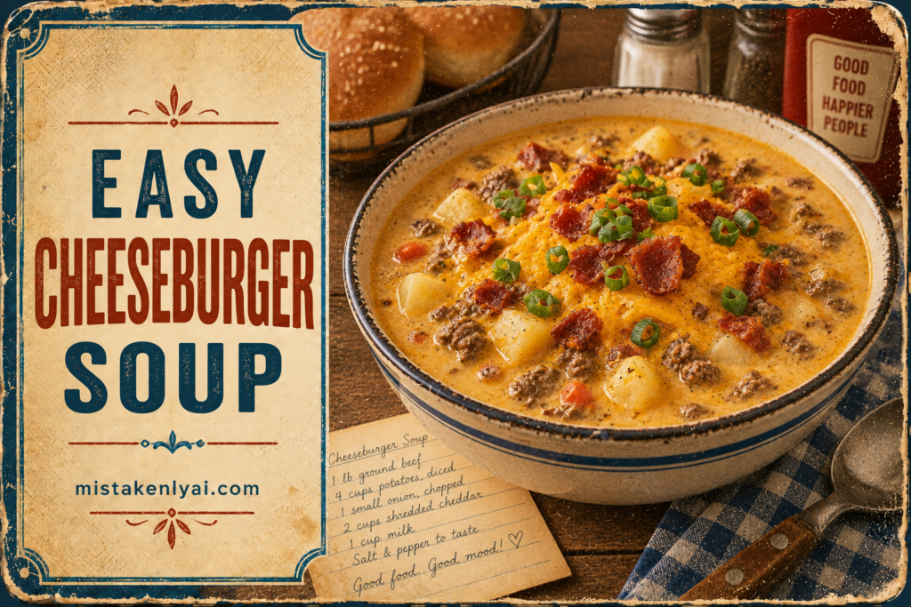 Easy cheeseburger soup with ground beef, potatoes, cheddar cheese, bacon, and green onions in a retro recipe poster.