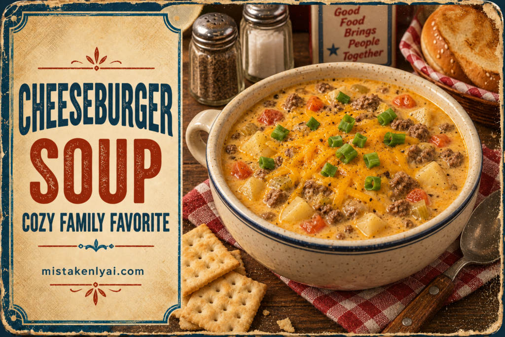 Creamy cheeseburger soup with ground beef, potatoes, melted cheddar, and green onions served with crackers.