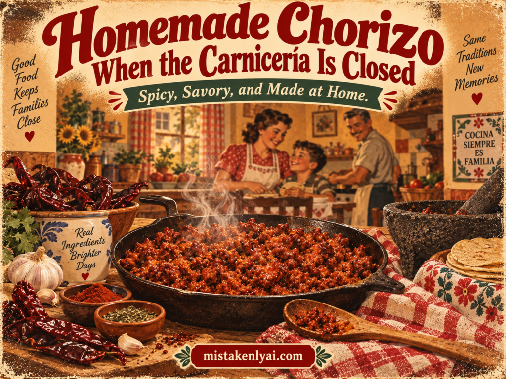 Retro-style kitchen poster showing a skillet of homemade chorizo surrounded by dried chiles, garlic, and spices, with a smiling family in the background and the headline “Homemade Chorizo When the Carnicería Is Closed.”