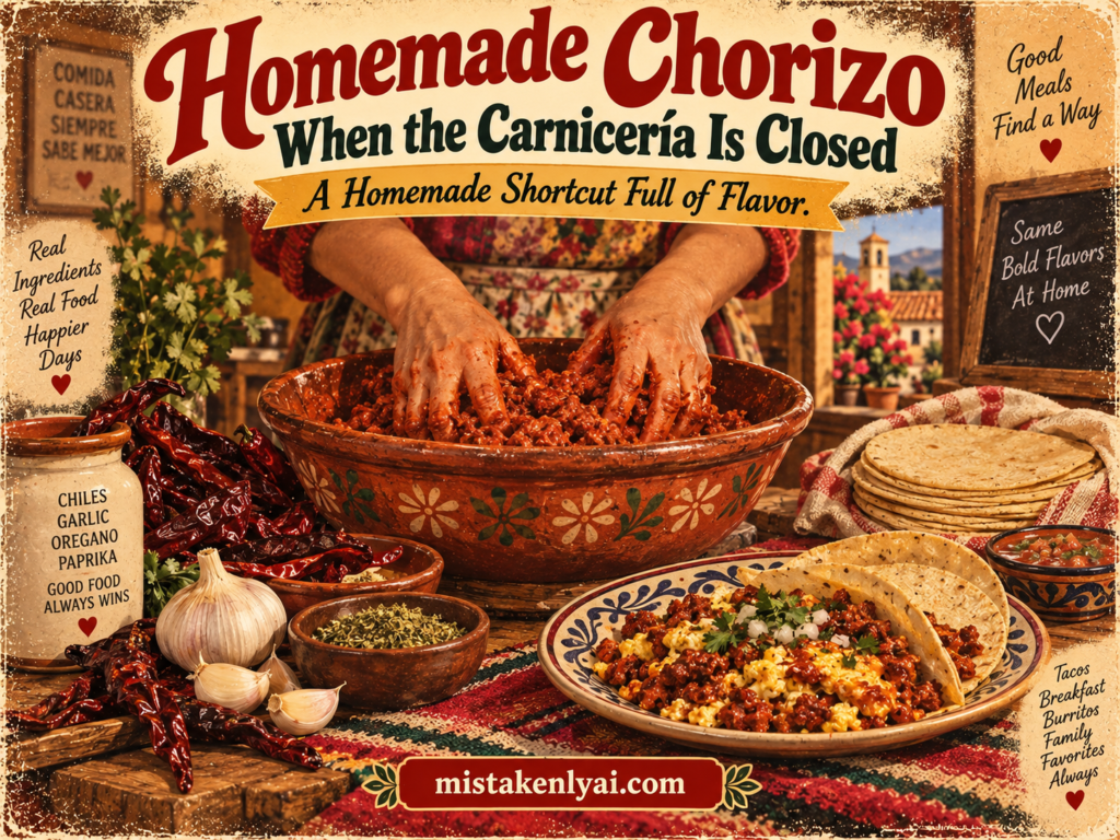 Retro-style food poster showing hands mixing homemade chorizo in a rustic bowl with dried chiles, garlic, herbs, tortillas, and plated tacos under the headline “Homemade Chorizo When the Carnicería Is Closed.