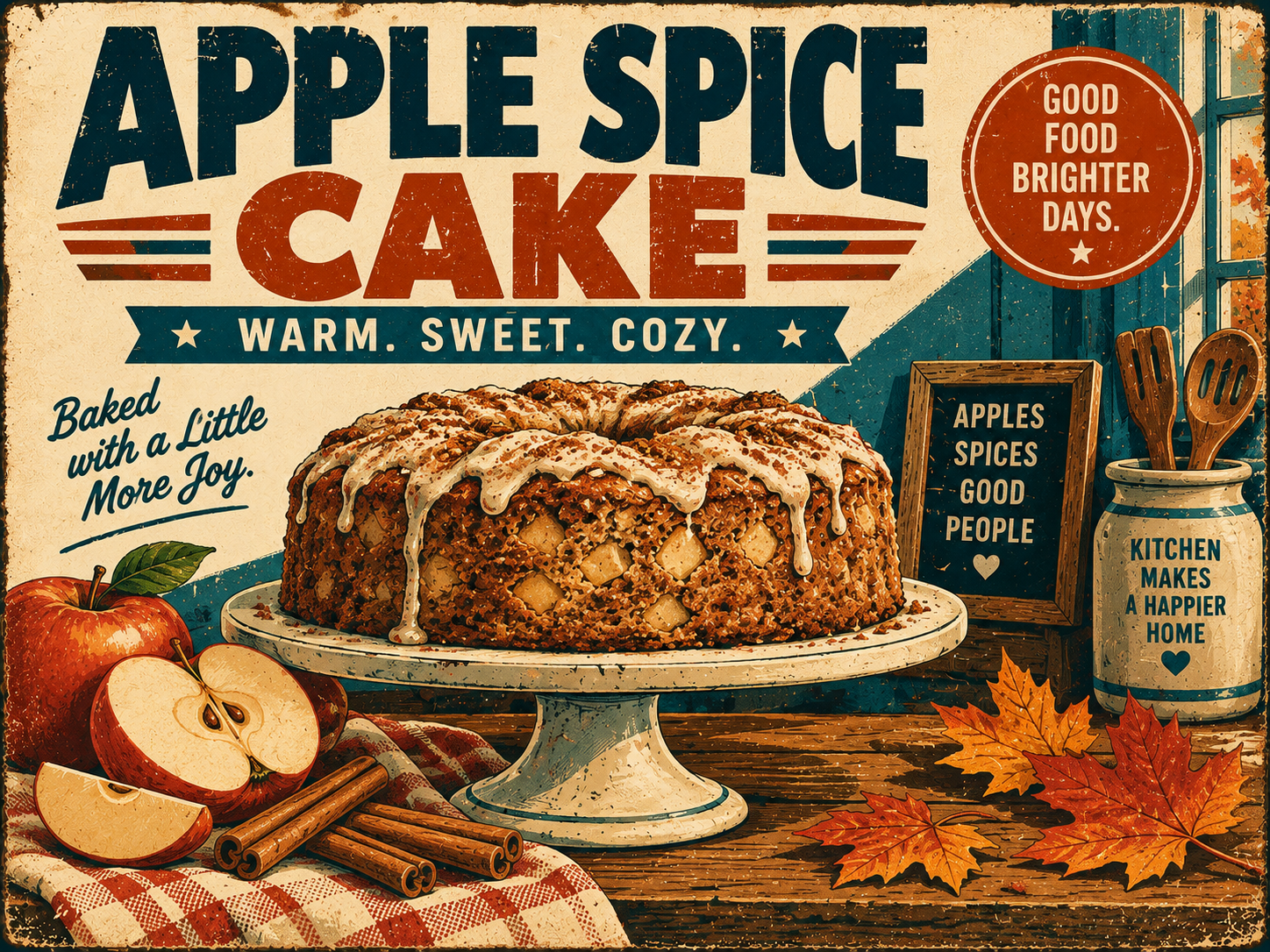 Retro-style Apple Spice Cake poster featuring a glazed homemade cake with fresh apples, cinnamon sticks, and fall leaves in a cozy vintage kitchen.