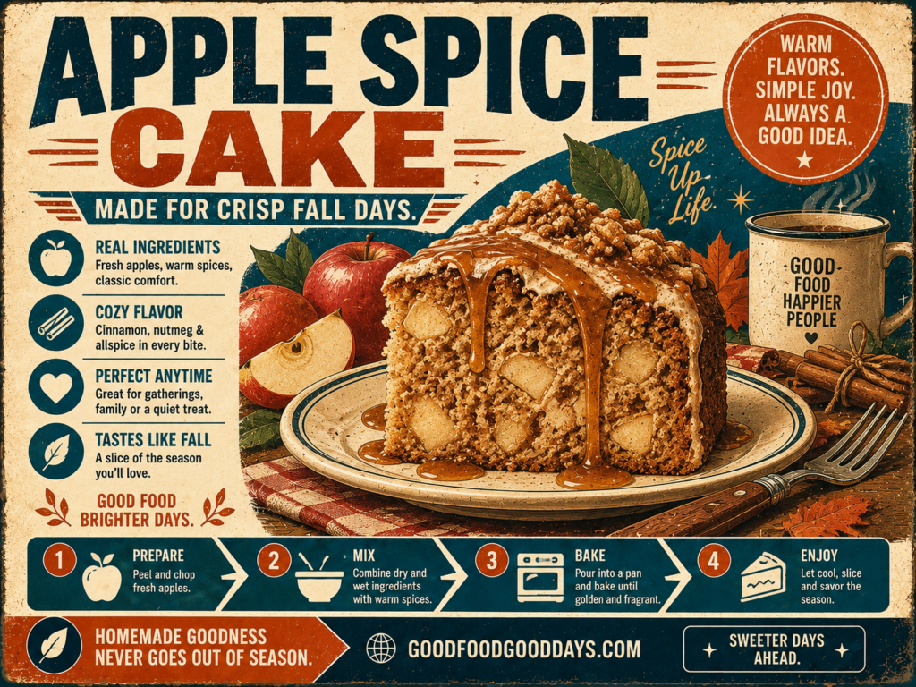 Retro Apple Spice Cake illustration showing a thick slice of spiced apple cake with visible apple pieces, warm glaze, fresh apples, cinnamon, and fall accents.