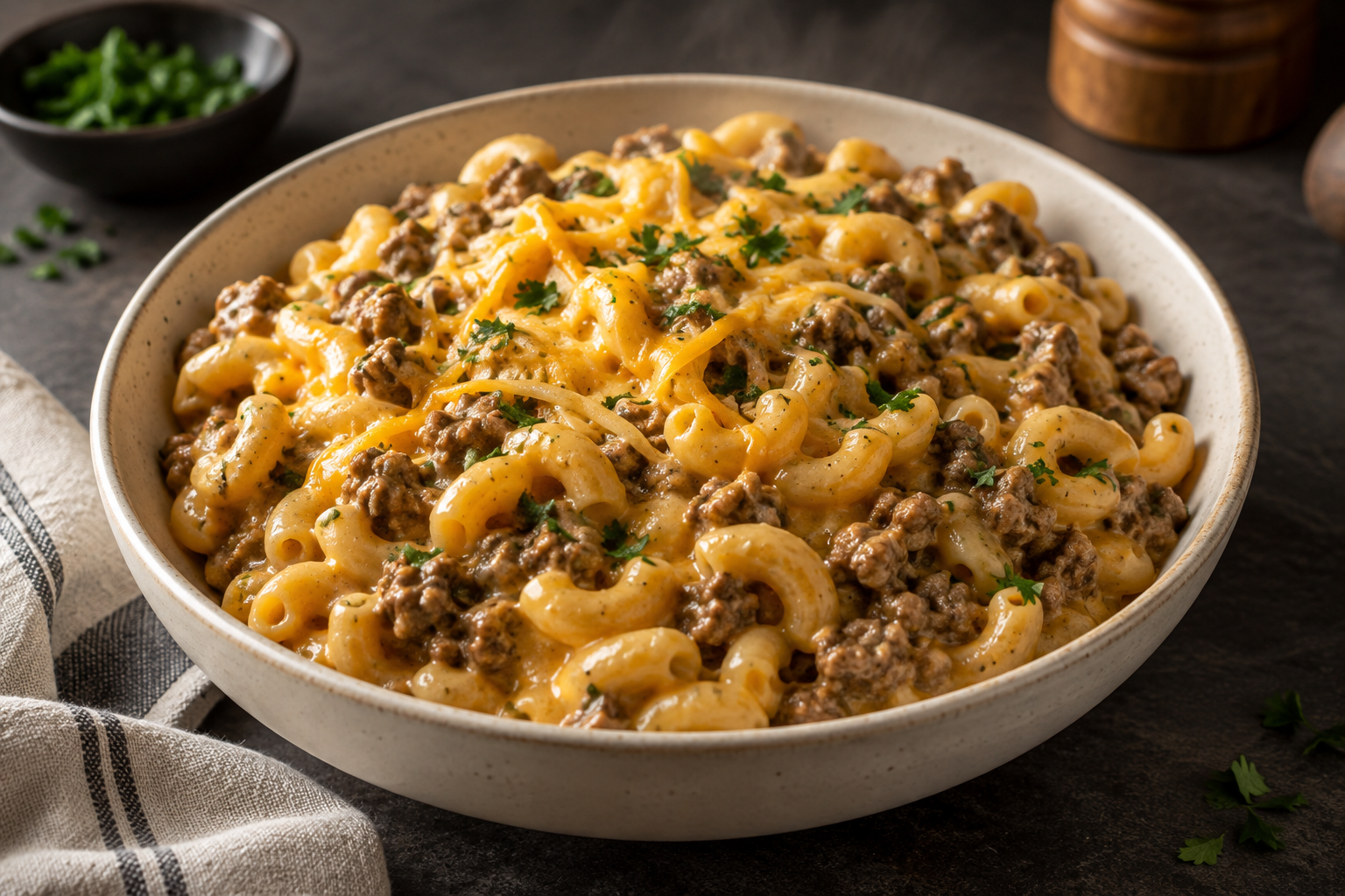 Creamy homemade Hamburger Helper with ground beef, elbow macaroni, and melted cheddar cheese.
