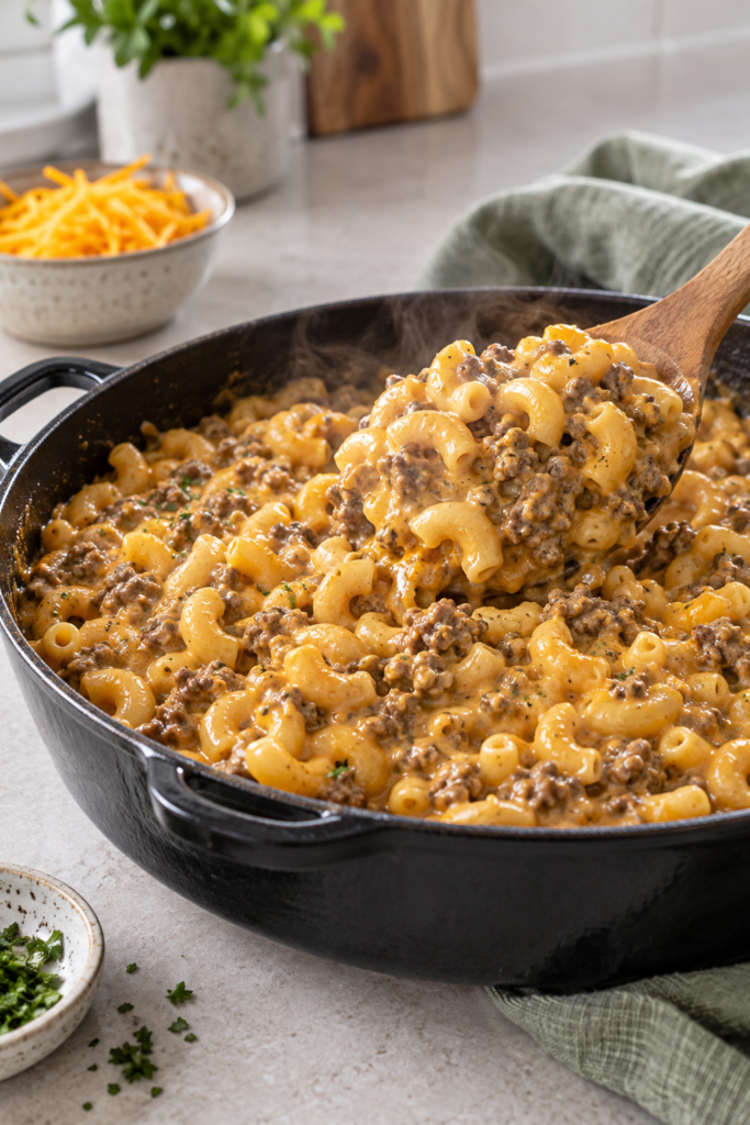 Spoon lifting creamy homemade Hamburger Helper from a black skillet.