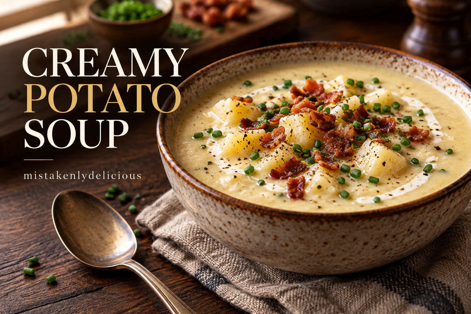 Bowl of creamy potato soup topped with bacon, chives, and cream beside a spoon on a wooden table.
