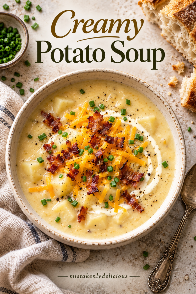 Overhead view of creamy potato soup topped with cheddar, bacon, chives, and cream, with crusty bread beside the bowl.