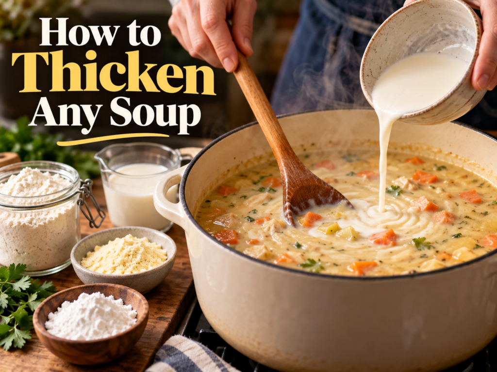 Creamy soup being thickened with a slurry while stirring in a Dutch oven
