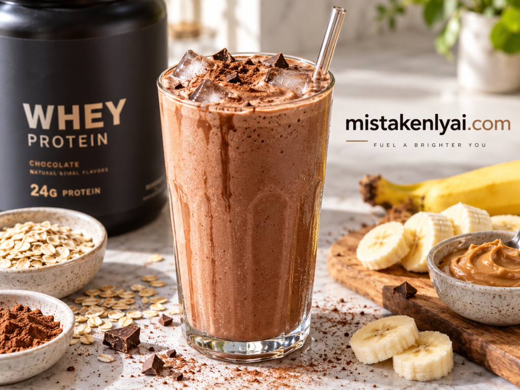 Chocolate protein shake in a tall glass with oats, banana, peanut butter, cocoa powder, and mistakenlyai.com branding.