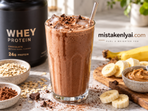 Chocolate protein shake in a tall glass with oats, banana, peanut butter, cocoa powder, and mistakenlyai.com branding.