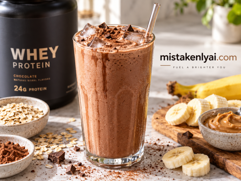 Chocolate protein shake in a tall glass with oats, banana, peanut butter, cocoa powder, and mistakenlyai.com branding.