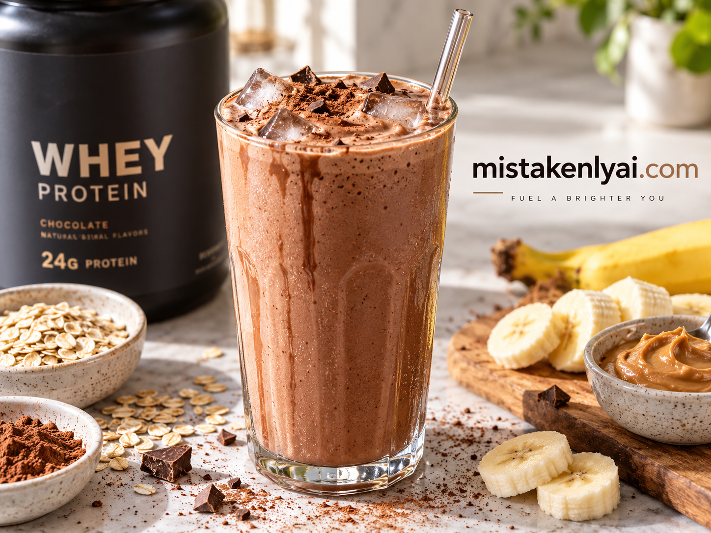 Chocolate protein shake in a tall glass with oats, banana, peanut butter, cocoa powder, and mistakenlyai.com branding.