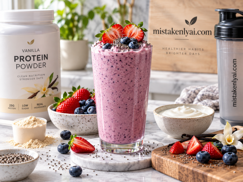 Berry protein shake with strawberries, blueberries, chia seeds, and vanilla protein powder, featuring mistakenlyai.com branding.