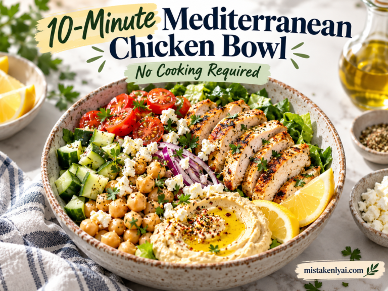 10-minute Mediterranean chicken bowl with grilled chicken, chickpeas, cucumber, tomatoes, feta, hummus, and lemon.