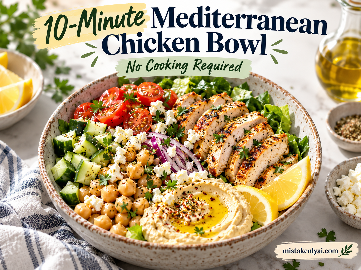 10-minute Mediterranean chicken bowl with grilled chicken, chickpeas, cucumber, tomatoes, feta, hummus, and lemon.
