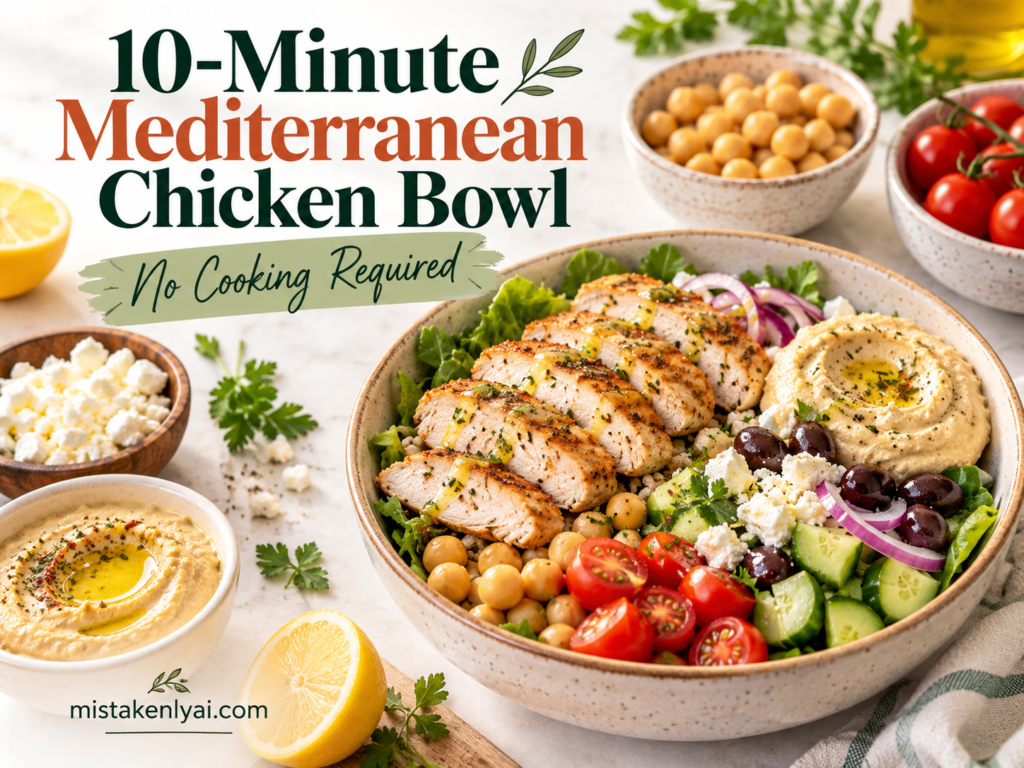 Easy no-cook Mediterranean chicken bowl with chickpeas, tomatoes, cucumber, feta, olives, hummus, and chicken.