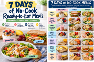7-day no-cook ready-to-eat meal plan with yogurt, sandwiches, salads, fruit, hummus, eggs, and other easy meals