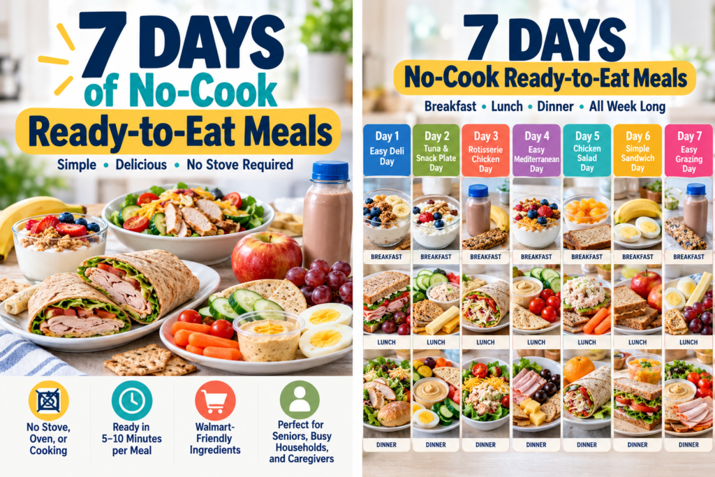 No-cook meal plan for seniors and busy households with seven days of easy breakfast, lunch, and dinner ideas