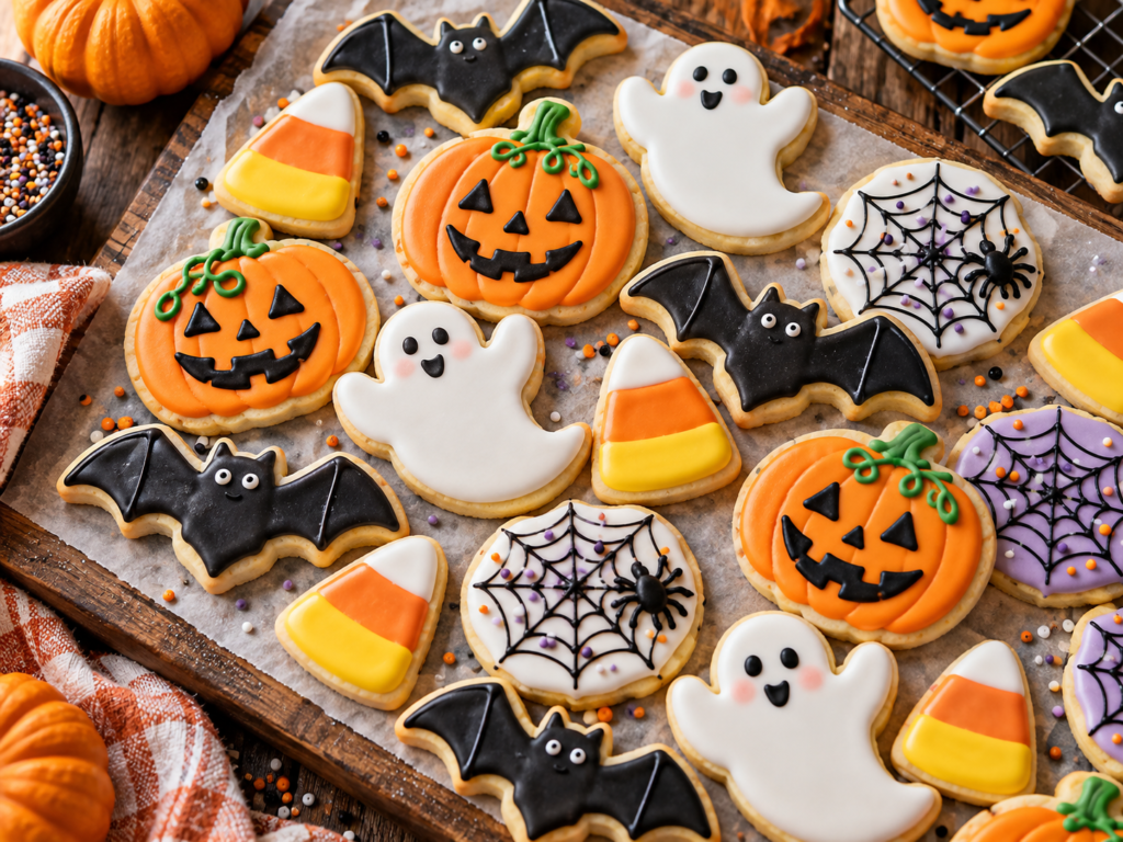Easy Halloween cookies with vanilla icing decorated as pumpkins, ghosts, bats, candy corn, and spiderwebs