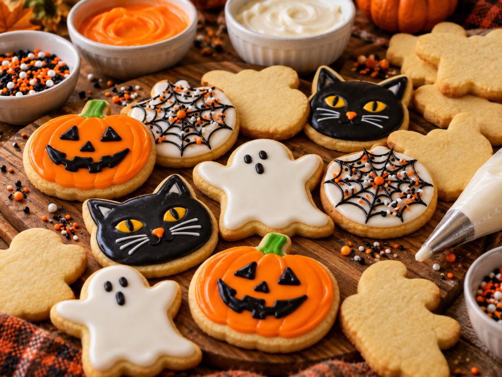 Halloween sugar cookies with vanilla icing, piping bag, sprinkles, and undecorated cookies on a baking table