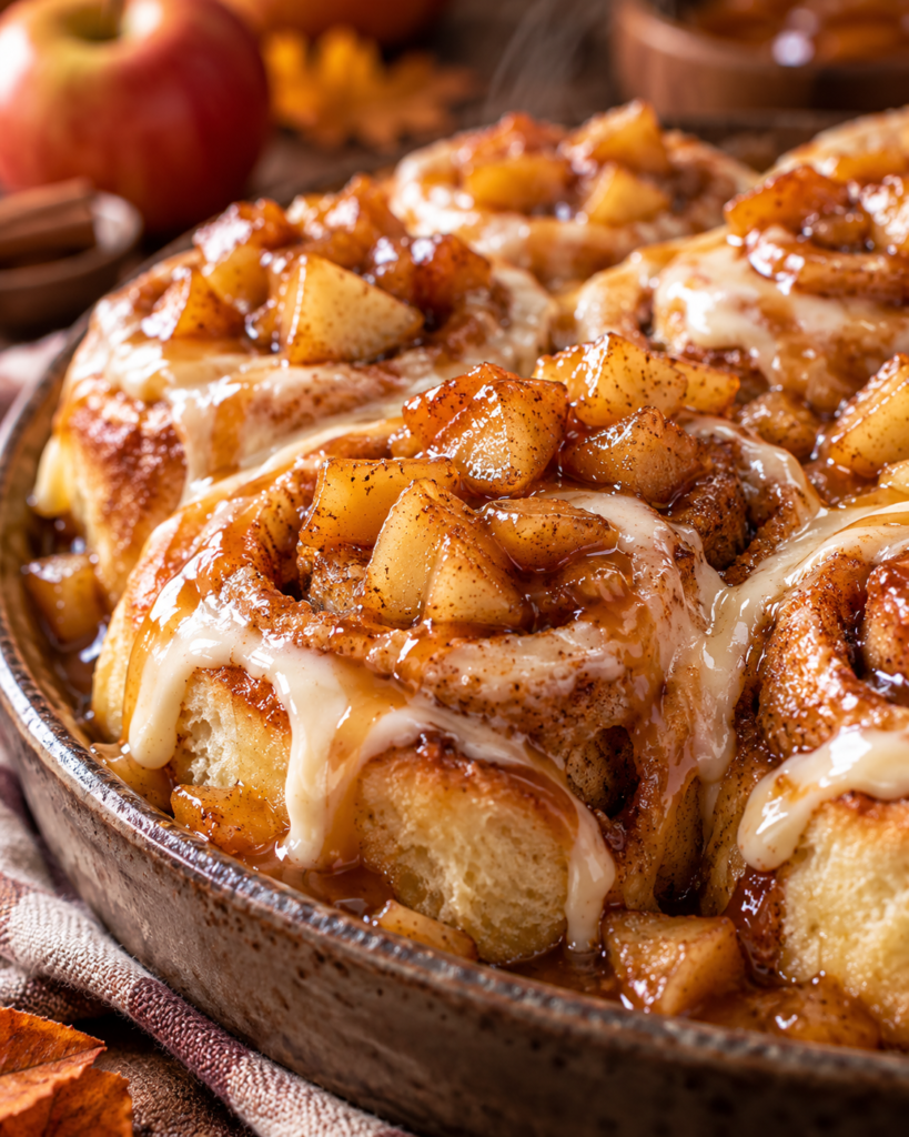 Close-up of caramel apple cinnamon rolls topped with diced cinnamon apples, creamy icing, and caramel sauce in a rustic baking dish.