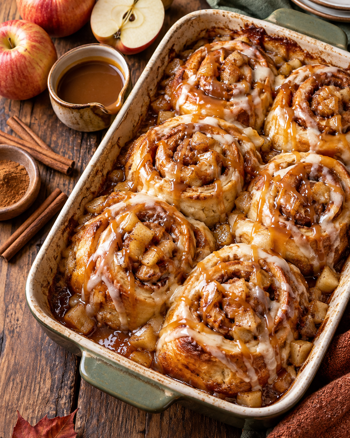 Baking dish of caramel apple cinnamon rolls with icing, caramel drizzle, diced apples, cinnamon sticks, and fresh apples on a wooden table.