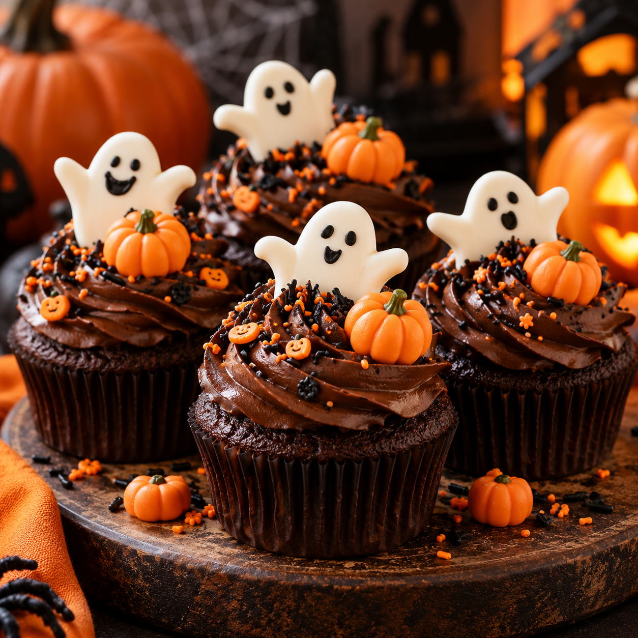 Assorted Halloween cupcakes with chocolate frosting, pumpkin toppers, ghost icing, and spooky autumn decorations