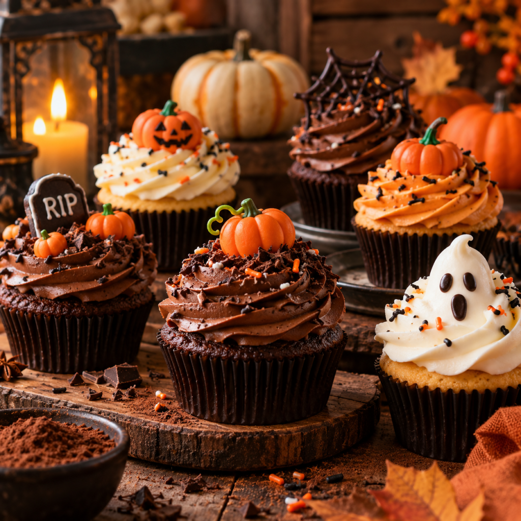 Chocolate Halloween cupcakes topped with white ghost decorations, mini pumpkins, and orange and black sprinkles