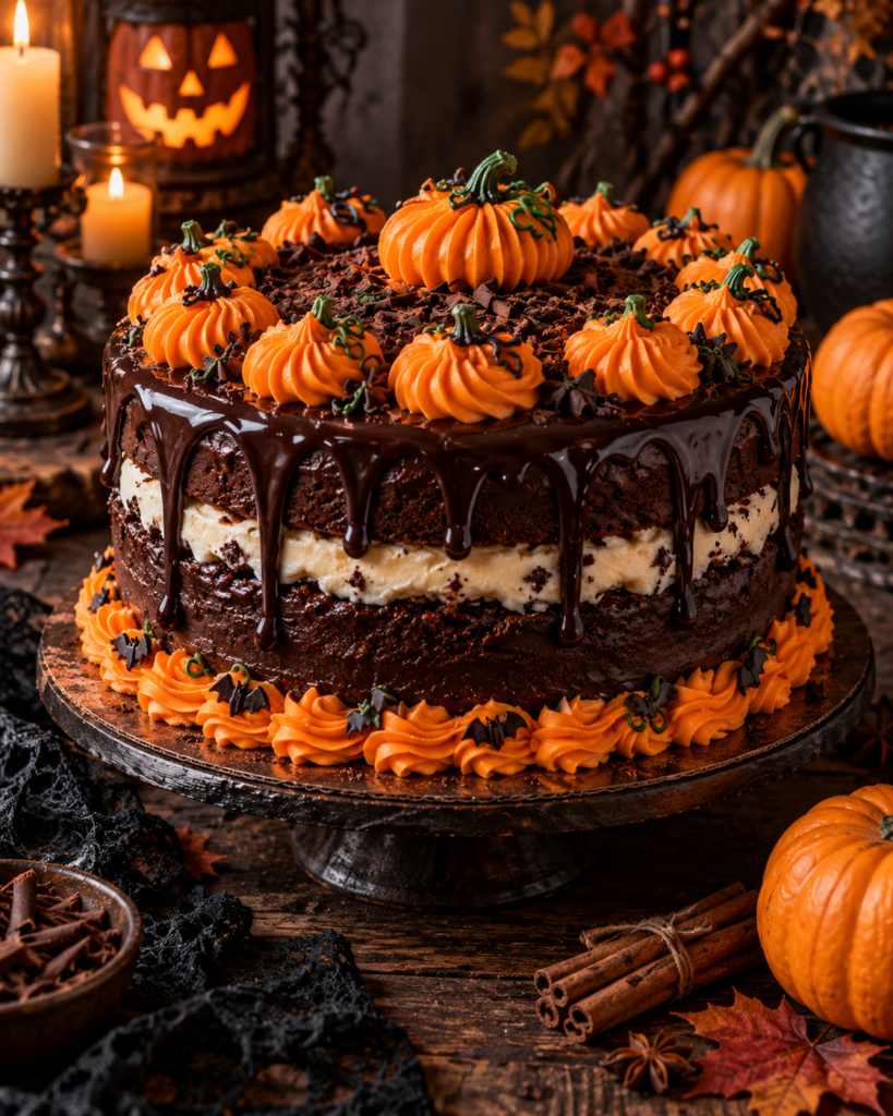 Slice of Halloween chocolate fudge cake showing moist chocolate layers, white cream filling, and orange pumpkin icing.