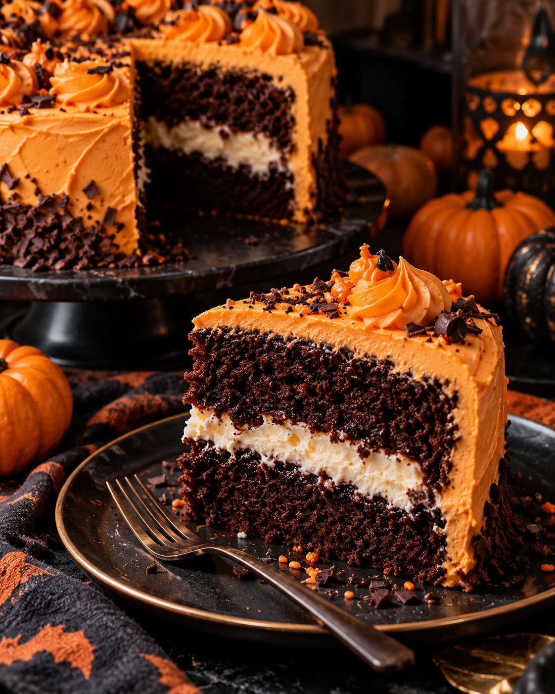 Halloween chocolate fudge layer cake with cream filling, glossy chocolate ganache, and orange pumpkin icing decorations.